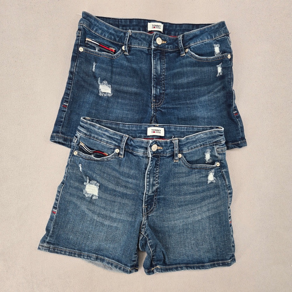 Tommy Jeans Womens Shorts 4/27 Distressed Denim (2 Pairs) Dark Wash Y2K